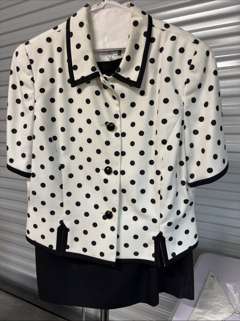 Kasper Polka Dot Short Sleeve Jacket and Skirt Black & White